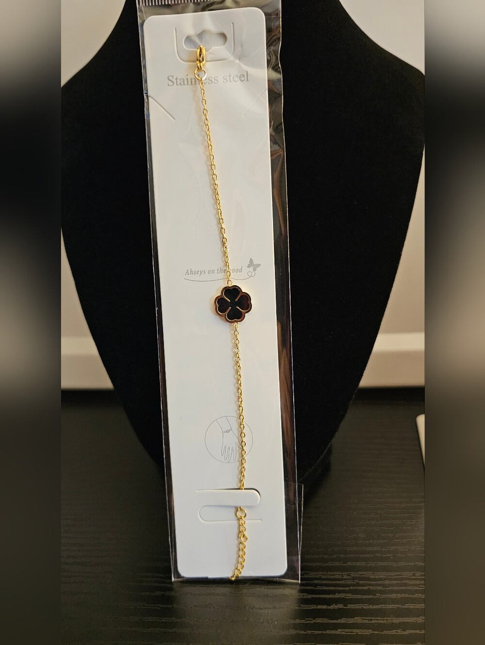 Gold Stainless Steel Bracelet with Black Clover Charm